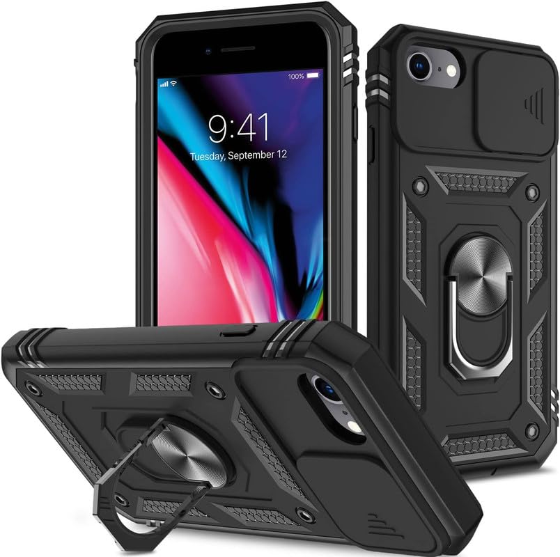 Shutter Ring Case for iPhone 6 / iPhone 6s, Military Grade Protection Phone Case with Slide Camera Cover/Rotation 360 Ring Stand Hard Case for iPhone 6 / iPhone 6s - Black