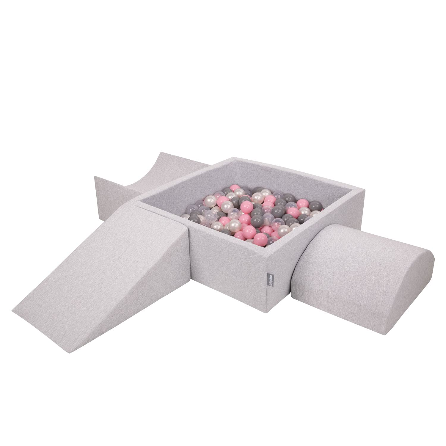 KiddyMoon Foam Playground For Kids With Square Ballpit (200 Balls ∅ 7Cm/2.75In) Soft Obstacles Course And Ball Pool, Made In The EU, Lightgrey:Pearl/Grey/Transparent/Powderpink — image 1