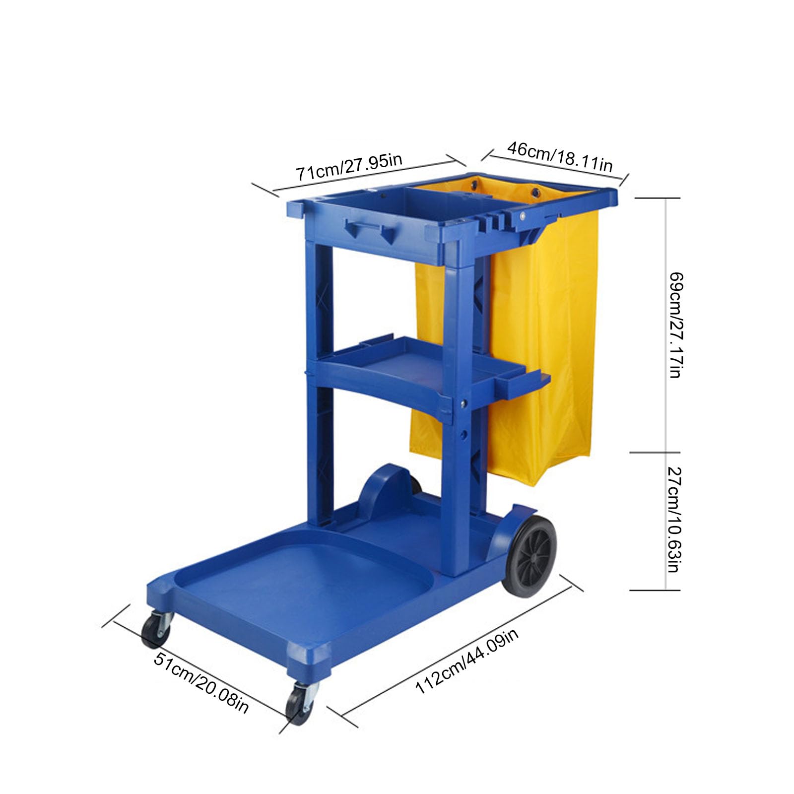 Carrito de limpieza de 3 estantes con ruedas silenciosas y bolsa de gran capacidad para hotel, oficina, hospital, uso comercial