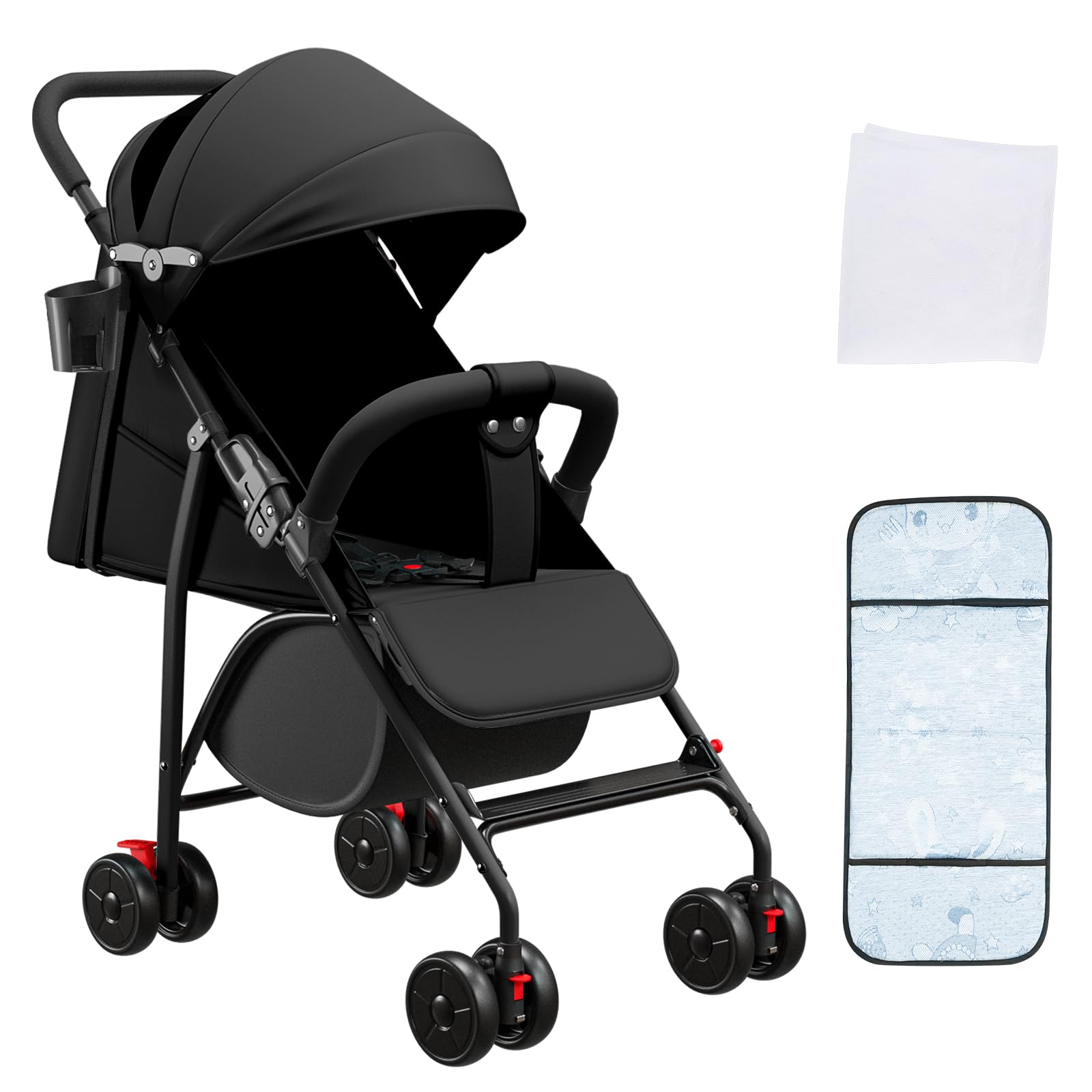 OHMG Poussette Canne,Poussette Canne Compacte 0-36kg,Poussette de Voyage avec Cotons et Moustiquaire,Panier D'achat avec Fonction Extensibler,Capote Extensible (C-Noir)