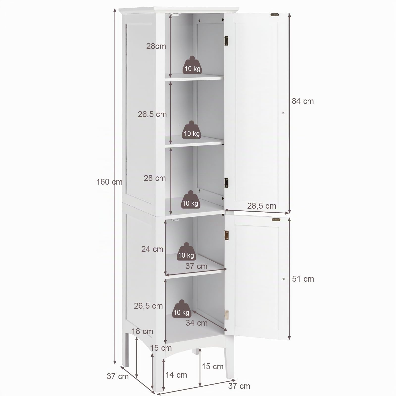 Costway Meuble de Rangement Salle de Bain, Meuble Colonne sur Pied avec Rangement à 5 Niveaux, Organisateur de Rangement pour Salle de Bains, Cuisine, Salon, 37 x 37 x 160 cm (Blanc) HW66805FR