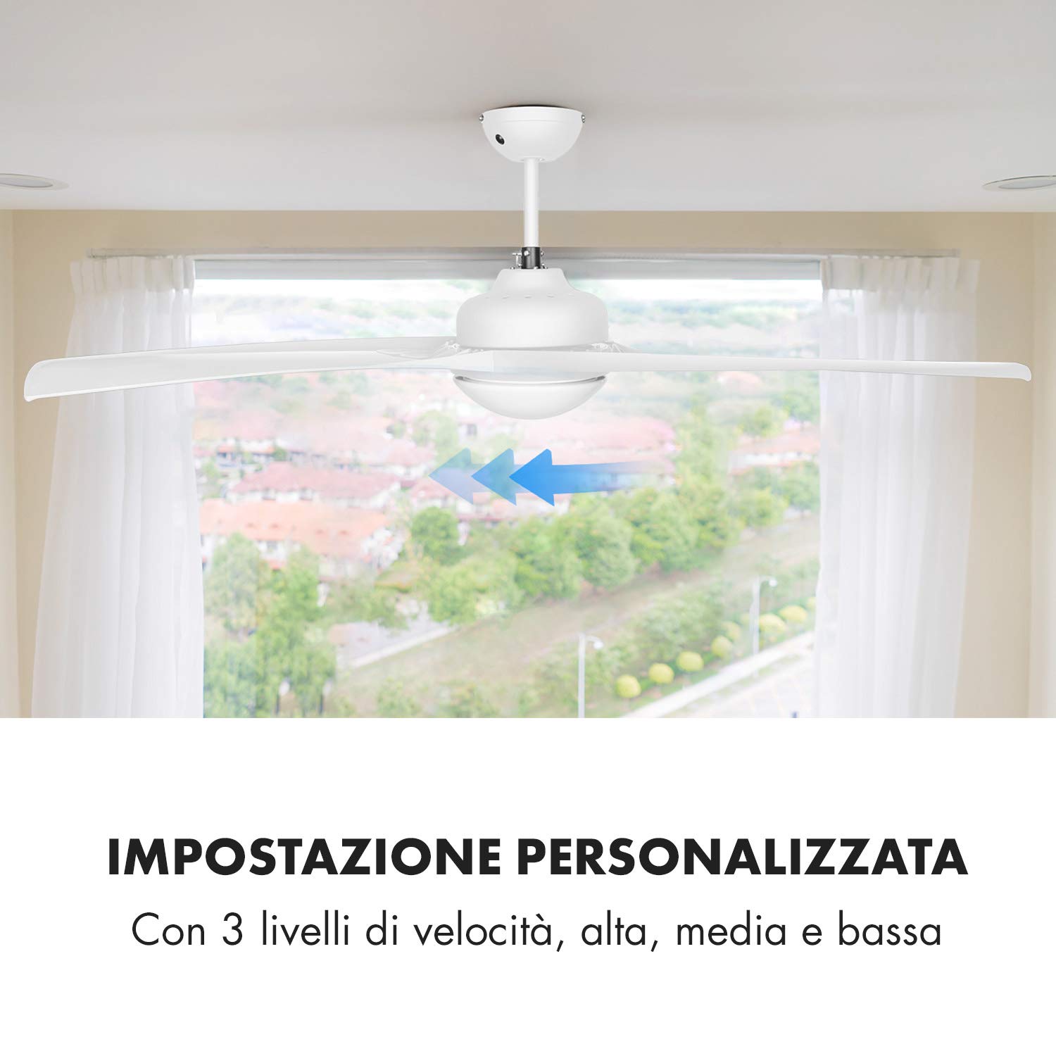 Klarstein Figo Ventilatore da soffitto - 2 in 1: ventilatore & plafoniera (2 x 42 W), Diametro: 52" (132 cm), 3 pale, Portata d'aria: 9.018 m³/h, 2 direzioni di rotazione, 3 velocità, bianco