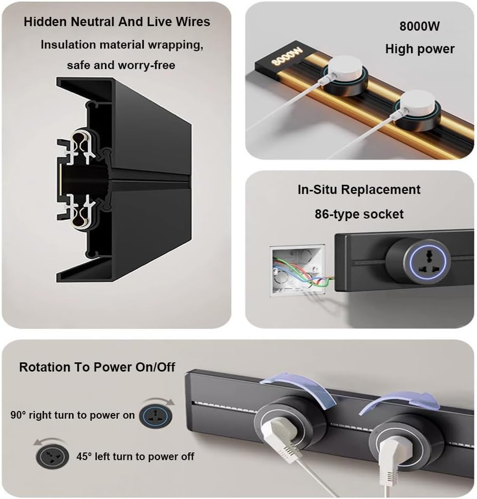 8000w Track Socket Outlet,19.68 Inch Track,With 3xMulti-3-Hole Adapter+1 Usb+C Adapter,Left And Right Line,Blue Ambient Light,Wall Outlet,For Kitchen,Living Room,Study,Office,Black