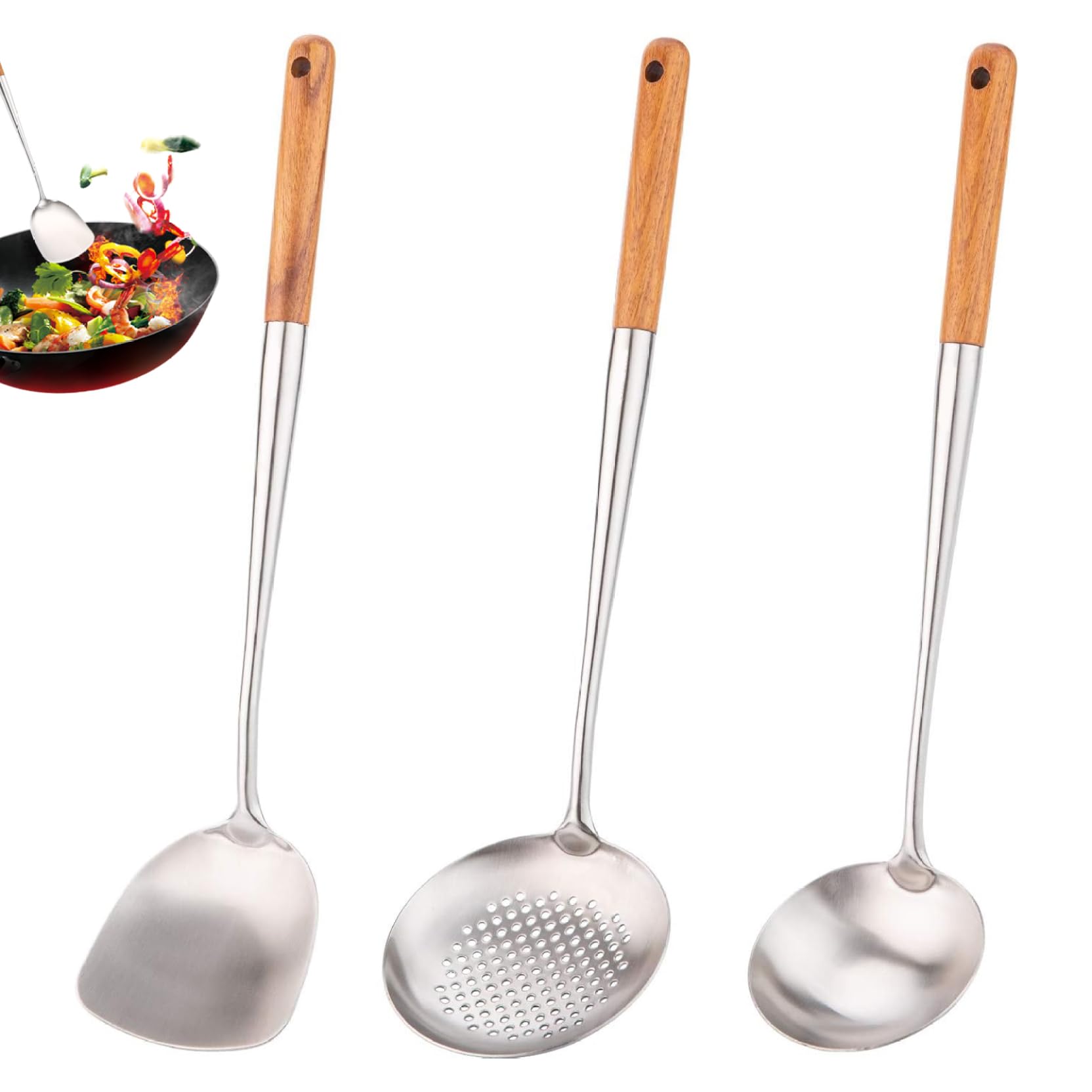 Wok spatula en acier inoxydable brossé avec manche en bois noble