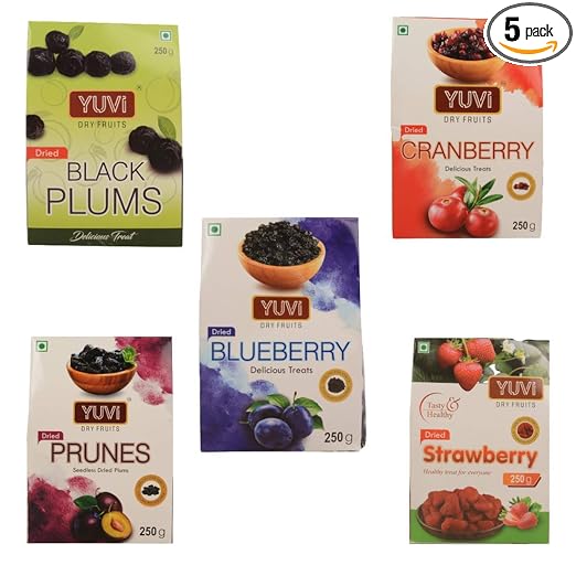 Yuvi's Dried Fruits Berries pack of 1.25 kg (Blueberry 250 g + Cranberry 250 g + Prunes 250 g + strawberry 250 g + black plums 250 g)