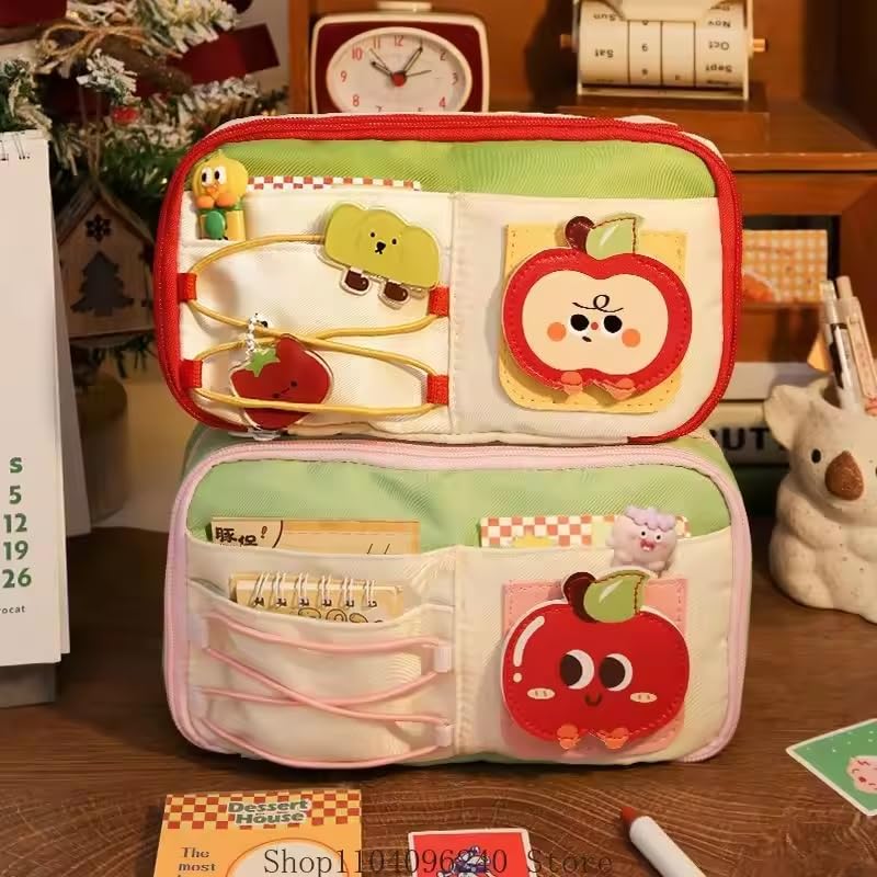 Image of Invite Large Capacity Cute Aesthetic Pencil Case with Multi Compartments, Multi-Pocket Pastel Pen Pouch Organizer with Zipper, Kawaii School Supplies Bag for Girls, Teens & Students (Red Apple M-1)