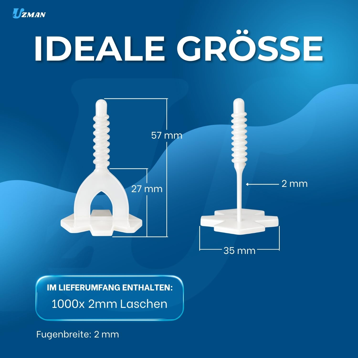 Uzman Fliesen Nivelliersystem Verlegehilfe, Fugenbreite 1 bis 3mm Fliesenkeile für ein perfektes Fugenbild Fugenkreuze Verlegewerkzeug (2mm - 1000 Stk. Zuglaschen)