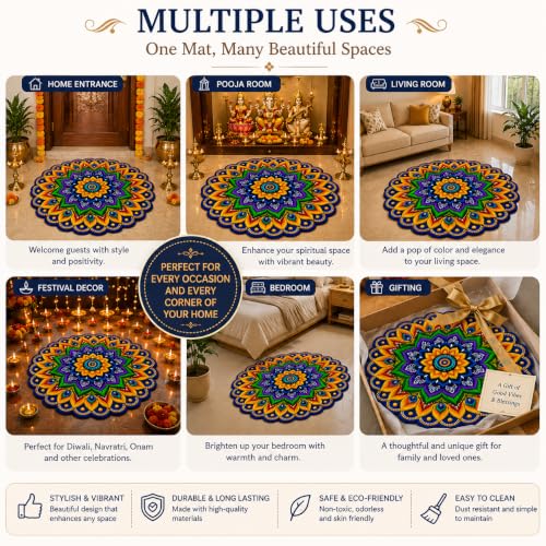Image of 3D Rangoli | Floral | Mandala Art | Door Mat | Water Absorbent, Anti-Skid, Machine Washable Floor Mat | Soft Microfiber Carpet for Home, Living Room & Bedroom | Premium Mat (Mandala Art 1, Round)