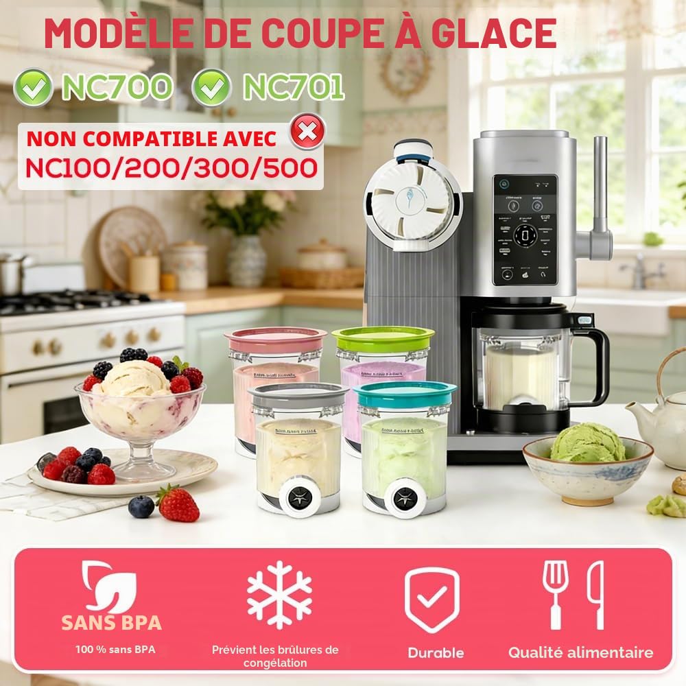 Pot pour Ninja Swirl Deluxe, HOVCEH 4 Pièces Récipient pour NC700 NC701EU, Accessoires pour500 ml Machine à Glace avec Couvercle Et Cuillère, Passe au Lave-vaisselle(B)