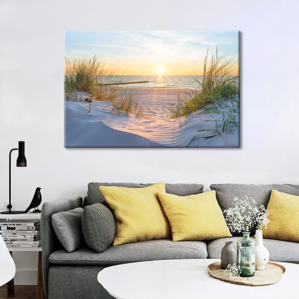 TISHIRON Wall Art Sandy Beach Sunrise Pictures Painting on Canvas Wall Art Modern Framed Seaside Canvas Prints Ready To Hang(24X16in) — view 3