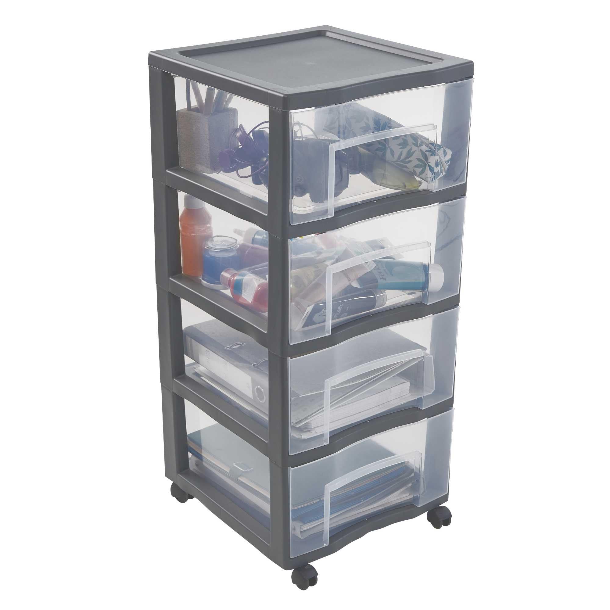 Cassettiera Plastica SUNDIS Tag Tower XL - 4 Cassetti A4 Trasparenti, Con Ruote, Grigio, Made In France