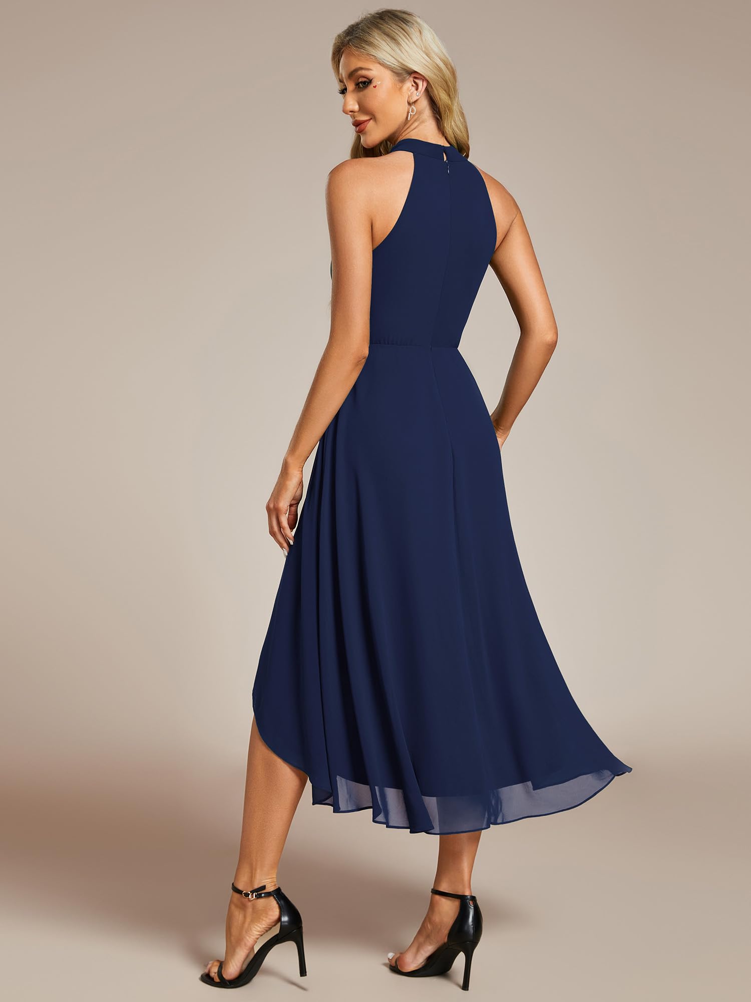 Ever-Pretty Abito Cerimonia Donna Spalle Scoperte Pieghe High Low Senza Maniche Chiffon al Ginocchio Abito da Ospite Orlo Irregolare Comodo Blu Navy 44