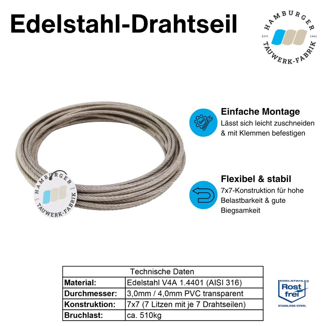 100 Meter - Edelstahldrahtseil 7x7-3mm/4mm PVC-transparent ummantelt V4A Inox rostfrei Drahtseil Stahlseil Geländerseil