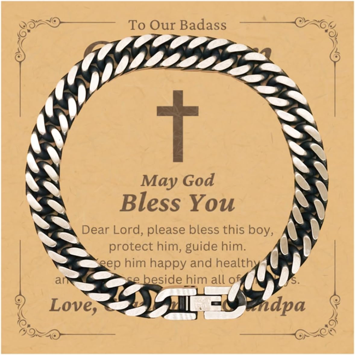 Gifts To Our Badass Grandson Cuban Link Bracelet From Grandma Grandpa - Dear Lord Please Bless This Boys - Cross Catholic Christian Baptism First Communion Confirmation Christmas Gifts