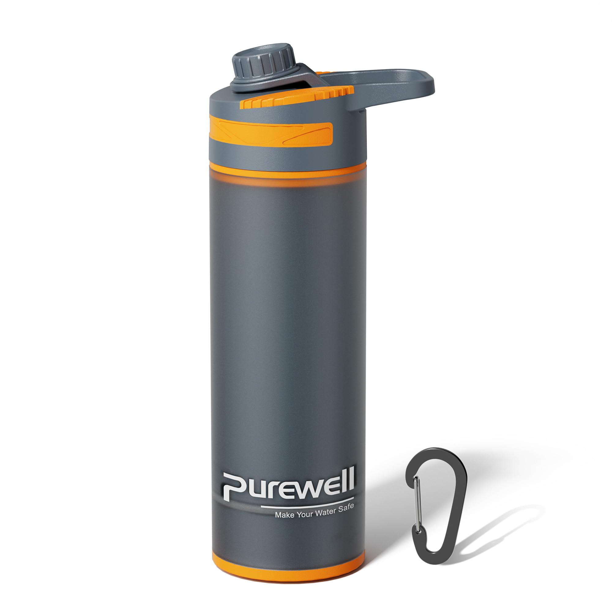 Purewell Gourde Filtrante Outdoor 500ml - Système Press & Drink Filtre 99,999% des Bactéries, Virus, Chlore & Odeurs - Capacité de Filtration 10000L pour Camping, Randonnée, Survie et Voyages