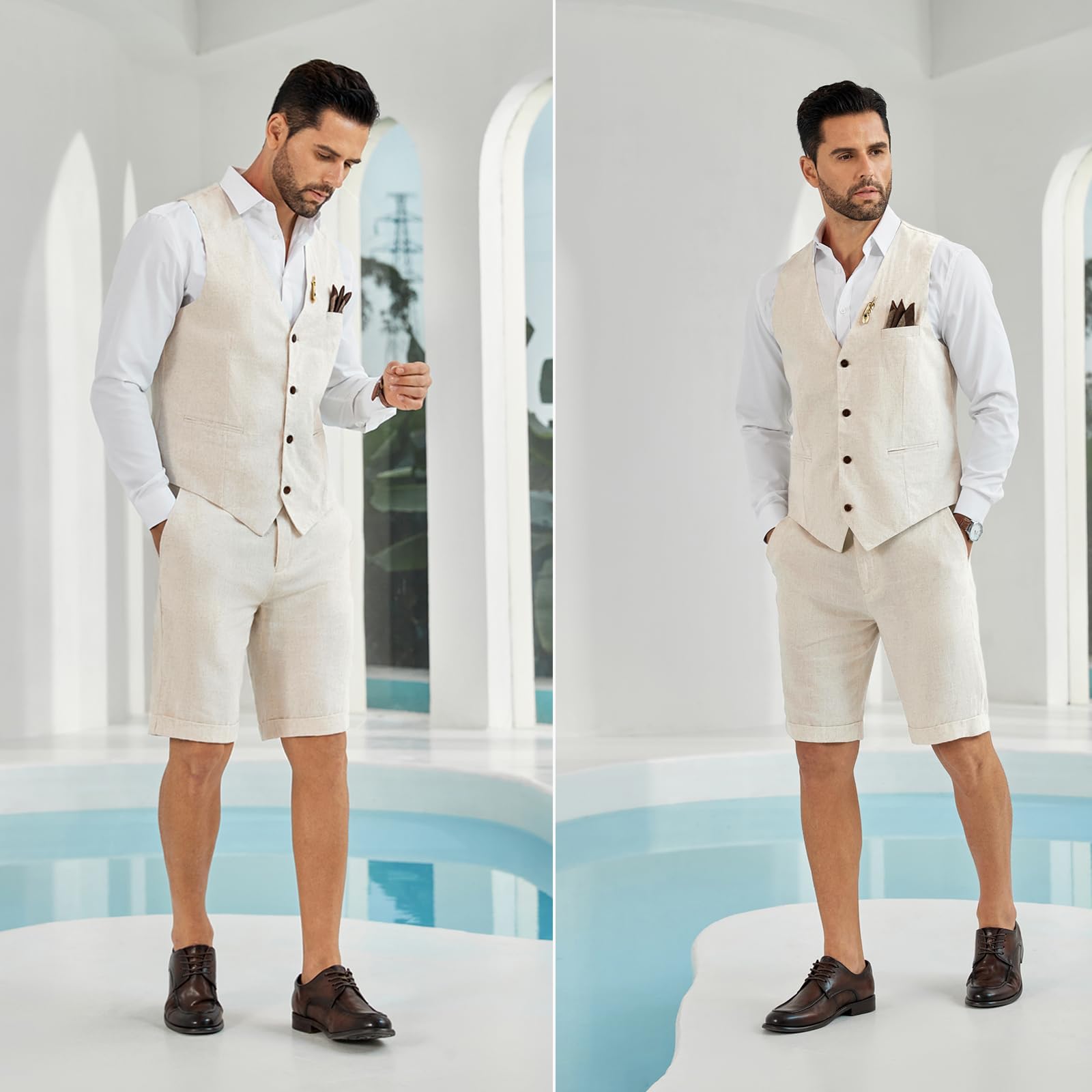 Costume 2 pièces en lin pour homme - Style décontracté - Pour l'été, la plage, le mariage - Ensemble gilet et short