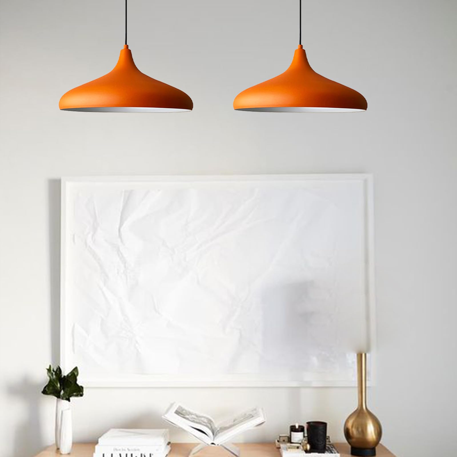 bamyum 2 Luces Champion Lámpara de Cocina, Lámpara Techo Colgante Vintage, Lámpara de Techo con Pantallas de 35 cm y Lámpara de Isla de Cocina de Metal de Lámparas de Techo Naranja