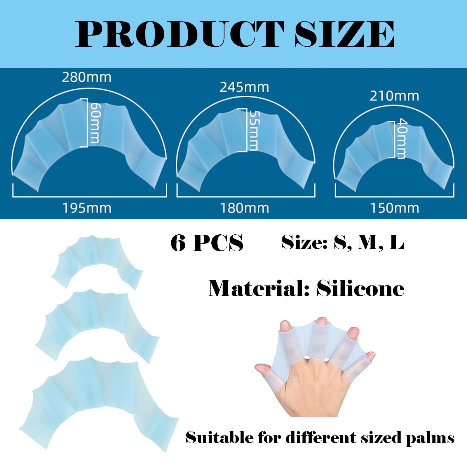 6 Paio Guanti da Allenamento per il Nuoto, Silicone Nuoto Fettucciato, Pinne per le Mani, Guanti Acquatici, Dita da Allenamento, Pinne da Nuoto Subacquee, per Bambini Donna Uomo (S/M/L, Blu)