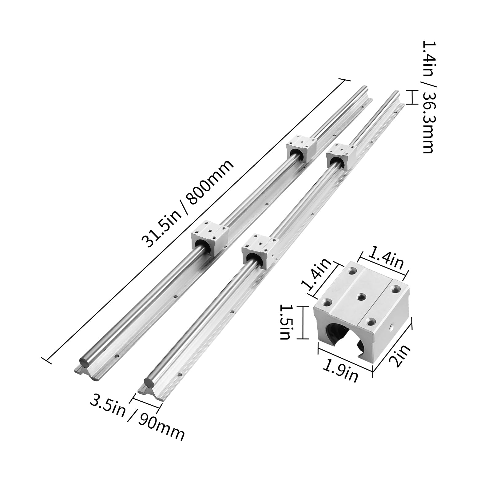 VEVOR Rails Linéaires Arbre de Guidage à Glissière Linéaire 20 mm SBR20-800mm, 2 Rails + 4 Blocs de Roulements SBR20UU Miniature Rail Linéaire Guide CNC pour Le Routeur/La Table X-Y
