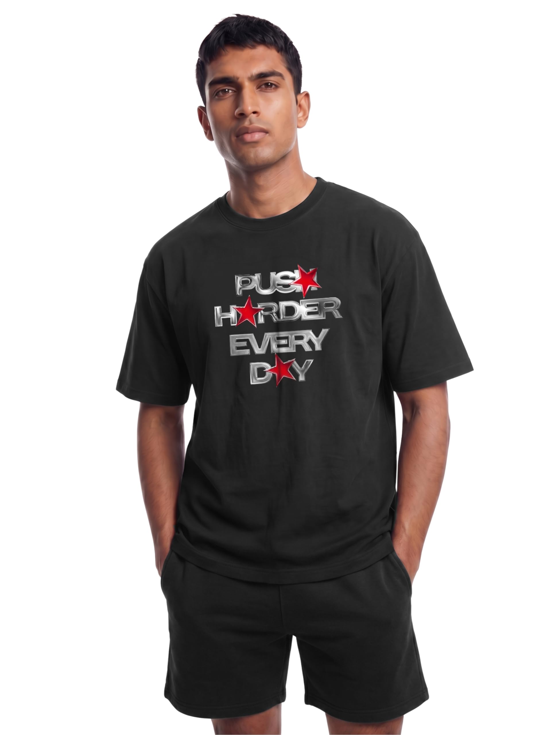 fflirtygo Men's AirEase Summer Coord Set | Push Harder | 240 GSM Cotton Terry Oversized T-Shirt & Shorts | 2 Deep Pockets | S to 6XL | Black, S-picture-26