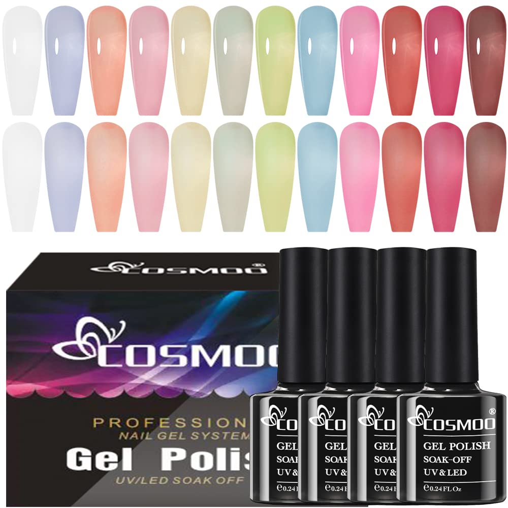 COSMOO Jelly Sheer Gel Nail Polish Translucent Nail Gel Polish with Semi Transparent Clear Effect Summer Ice Gel Nail Polish UV Gel No Chip Soak Off Nail Gel Polish-12PCS