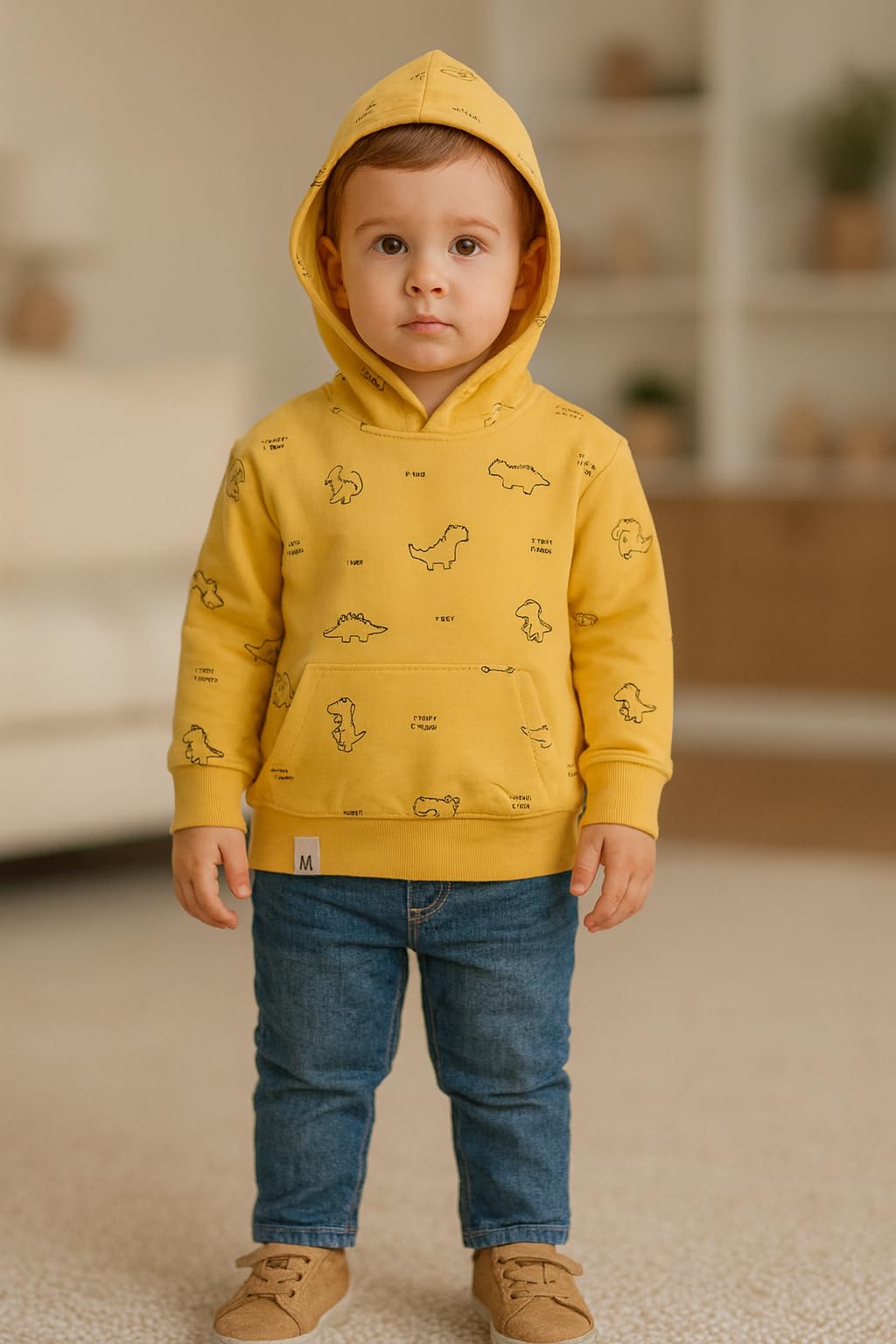 Bold N Elegant Trex Dinosaur Print Full Sleeve Hood Tshirt Sweatshirt Hoodie for Infant Toddler Baby Boy n Girl (Yellow, 1-2 Years)