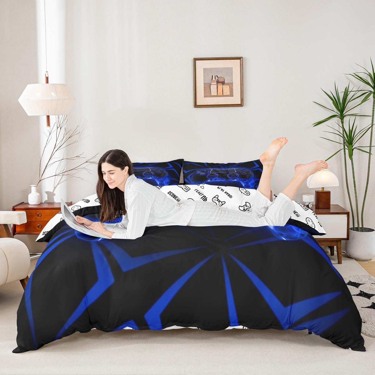 Housse de couette gamer 2 personnes avec motif bleu feu géométrique 3D