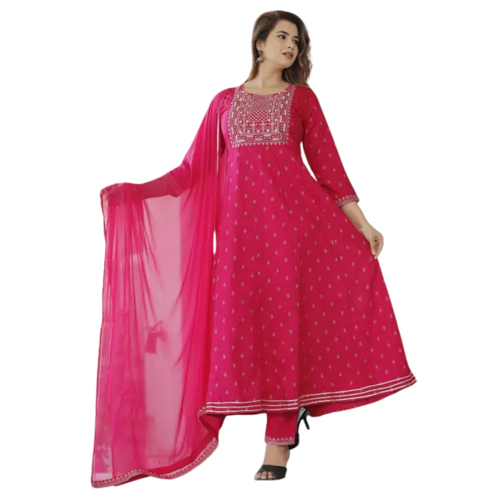 THE BLISS FASHION Women's Rayon Round Neck 3/4 Sleeves Embroidered Printed Gown and Pant Set with Dupatta-image-25