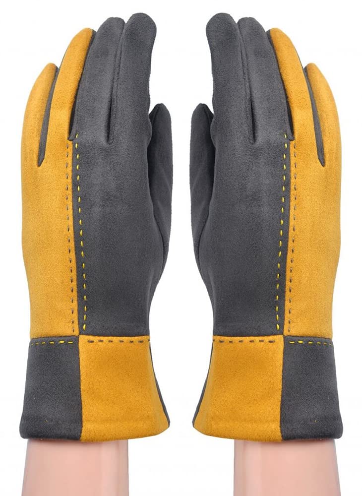 Double Colour Contrast Suede Look Winter Gloves (Grey Yellow)