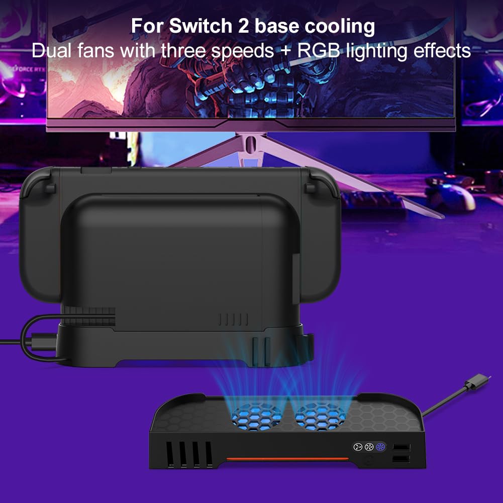 Soporte de refrigeración portátil para Switch2 con ventiladores RGB y almacenamiento para tarjetas de juego