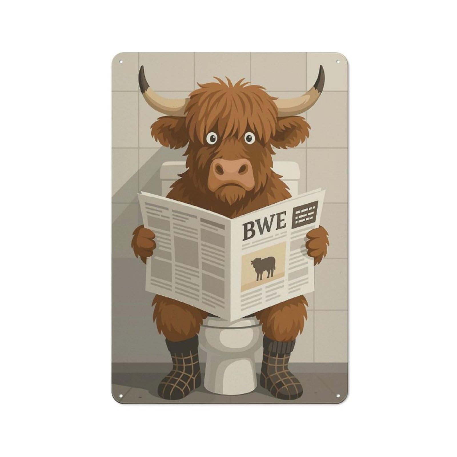 Metal Wall Sign 30x20cm Featuring Cartoon Highland Cow Reading Newspaper on Toilet for Garage Or Workshop, Suited to DIY Enthusiasts