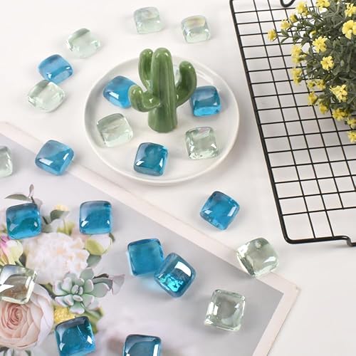 Miniatura 2 de LUEYAO Cuentas de vidrio de mármoles planas, cuadradas, color azul claro y transparente, para rellenos de jarrones, piedra de colores mixtos para
