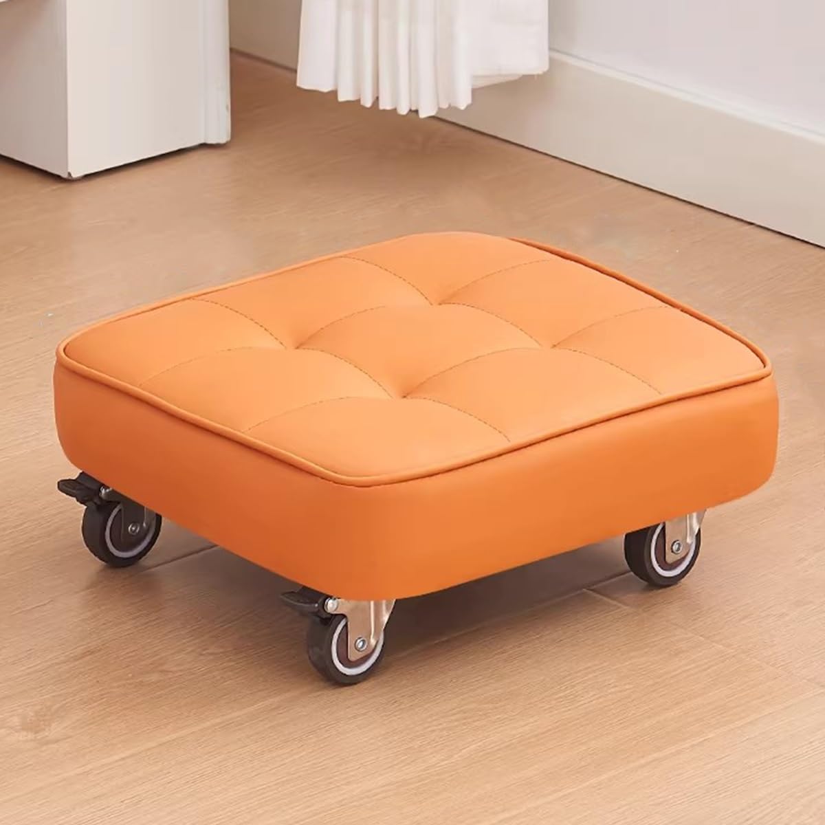 Sgabello quadrato con ruote, sedile imbottito girevole a 360 gradi, poggiapiedi girevole in pelle per ingresso domestico e yoga
