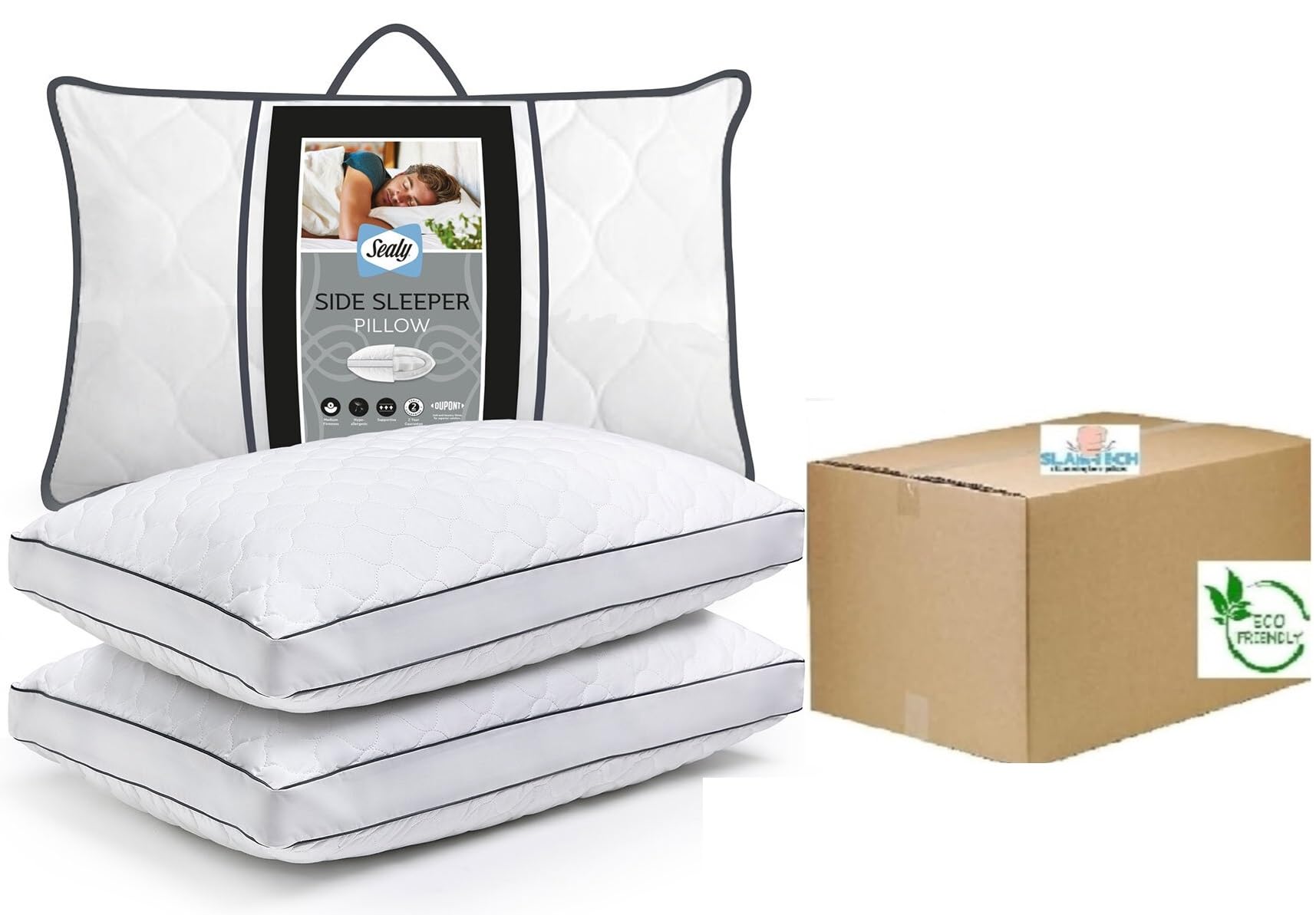 slamtech Sealy Side Sleeper Pillow - Supportive Foam Centre Pillow with Medium Firm Ideal for Side Sleepers - Hypoallergenic, Dupont Fibres and Quilted Cotton - Pack of 2 Boxed