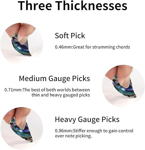 Miniatura 5 de Paquete variado de púas para guitarra, 3 opciones de grosor, ideal para guitarras eléctricas y acústicas, nácar de abulón