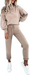 Women's 2 Piece Sweatsuit Outfits Lantern Sleeve Pullover Tops and High Waist Jogger Pants Lounge Sets