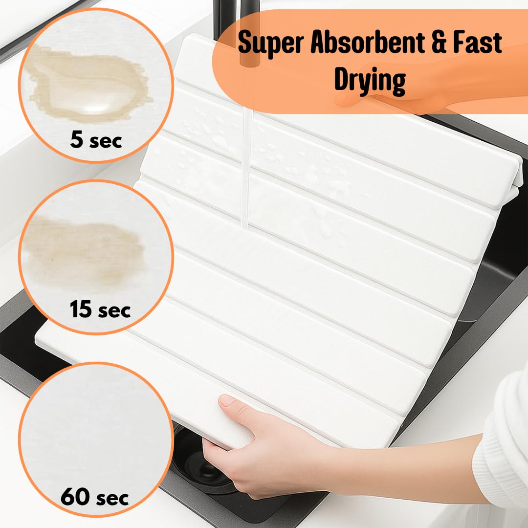 Grand tapis de séchage en pierre pour cuisine – 60 x 40 cm – Tapis de séchage à vaisselle en diatomite pour évier réutilisable, pliable, antidérapant pour comptoir, égouttoir à vaisselle et