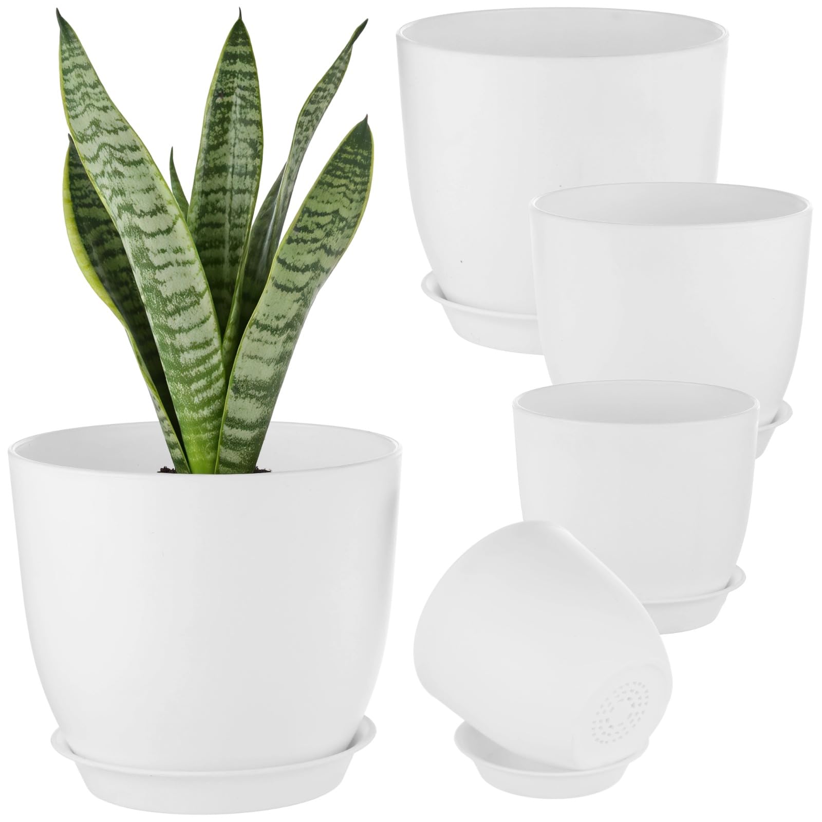 Skdqiee 5 PCS Plastic Plant Pots with Drainage Holes and Saucers, Modern Indoor Flower Pots in 5 Sizes, Minimalist Planters for Window Sill Desktop Shelf Living Room Garden Office Use