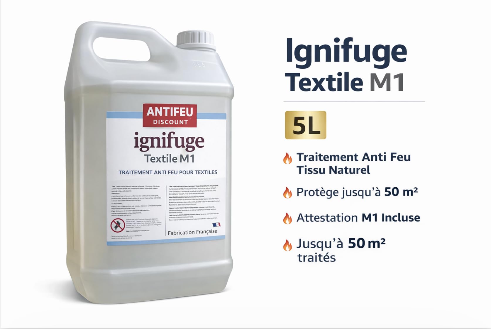 Ignifuge Textile M1 – Traitement Anti-feu Tissu Naturel 5 L avec pulvérisateur – Protège Jusqu’à 50 m² – Attestation M1 – Fabrication française - Antifeu Discount