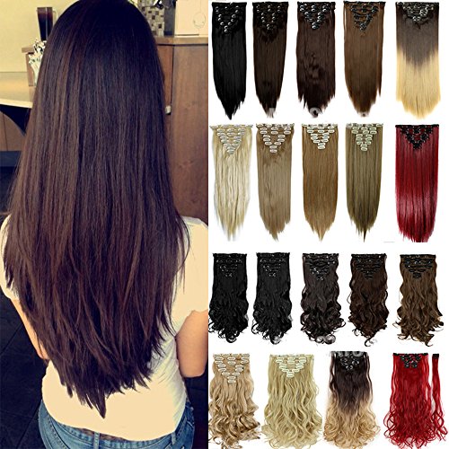 Clip in Hair Extensions 8 PCS 18 Clips 145G Thick Straight Curly Full Head Real Natural Synthetic Fibre Hairpiece 60 colors for Women Lady Girls(26 inch,light brown-straight)