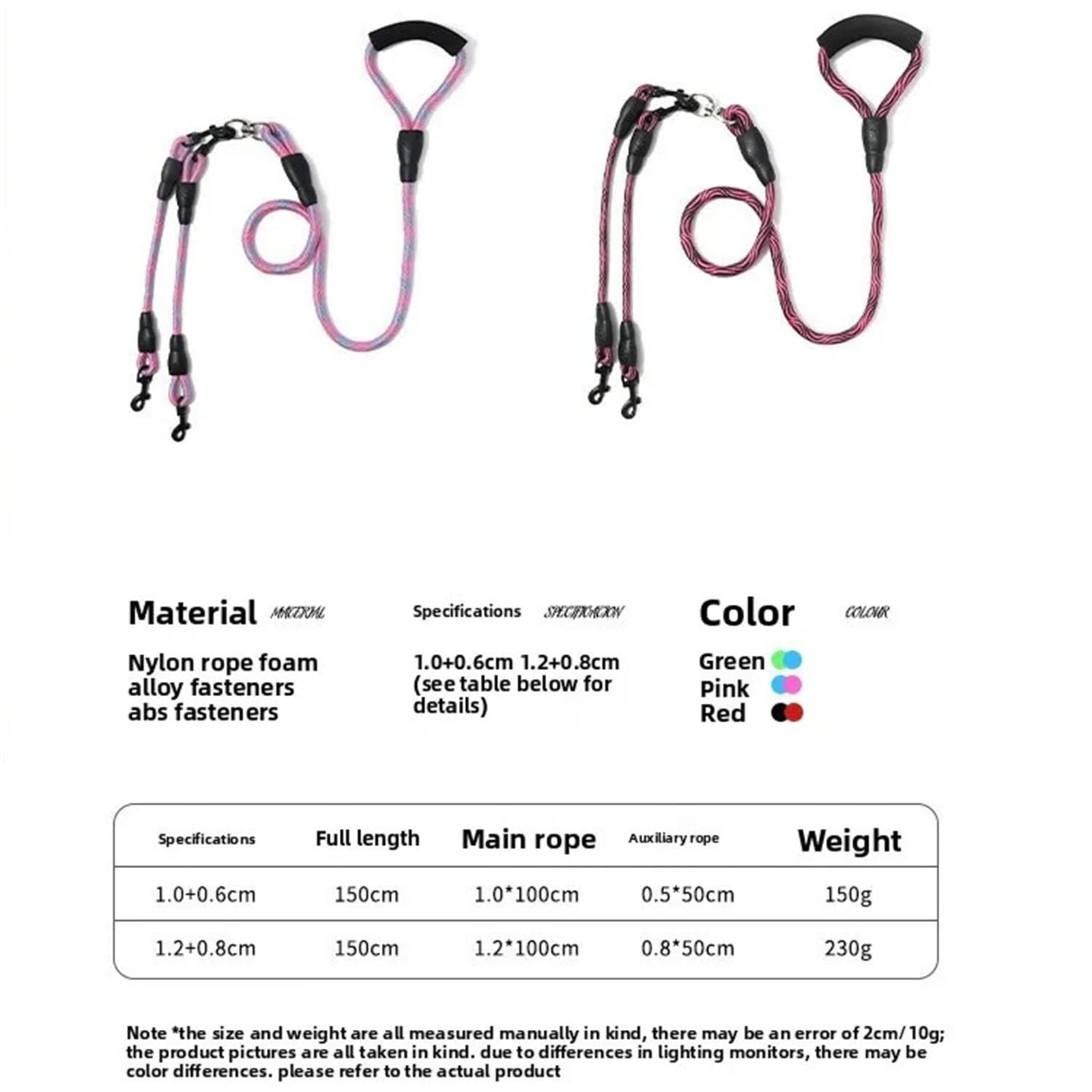 Guinzaglio per cani a doppia estremità, motivo ondulato, un trascinamento due, anti-avvolgimento, staccabile, per cani (rosa, 1,2 0,8 cm)