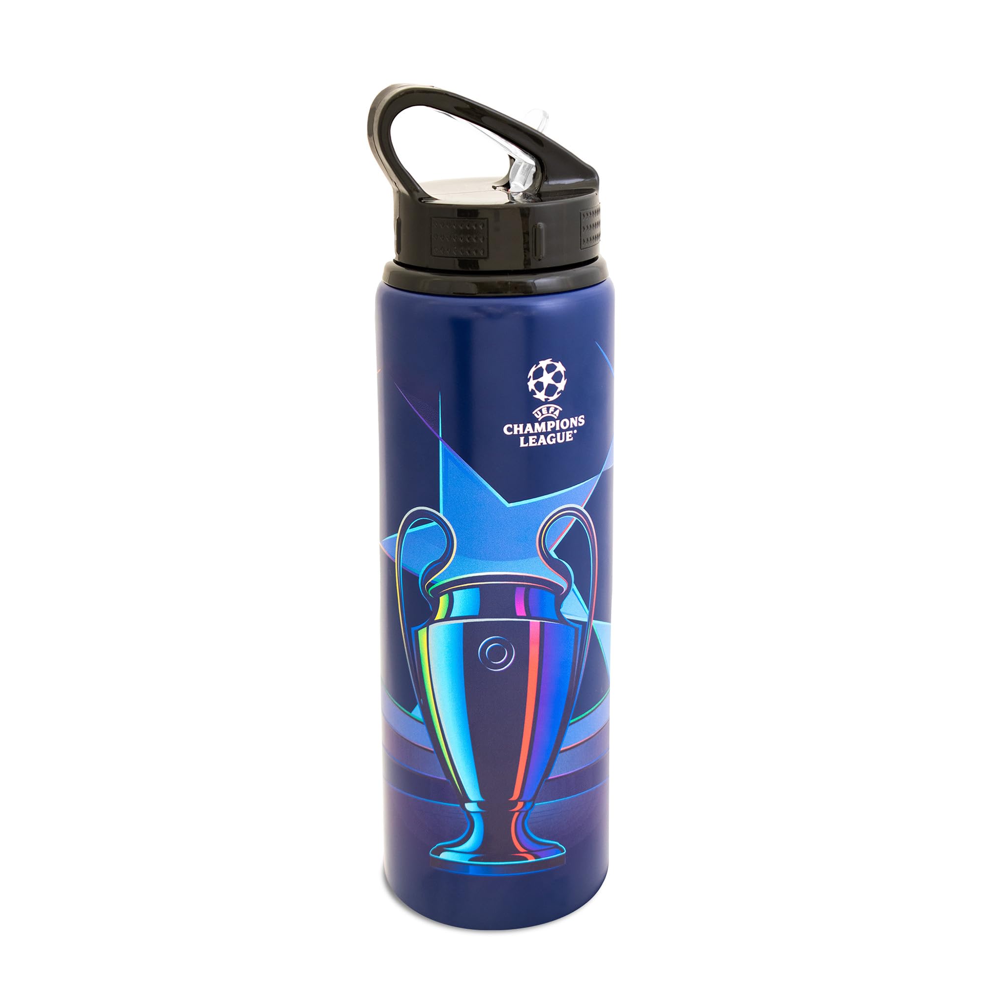 Hy-Pro Officially Licensed UCL 750ml Aluminium UV Sports Water Bottle – UCL Water Bottle with Integrated Folding Straw - Neochrome Finish, Leakproof, Lightweight, BPA Free