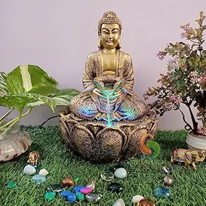 DECORION Golden Kamal/Lotus Budhha Decorative Table Top Water Fountain for Home Decor/Office/Indoor & Outdoor/Garden/Puja Room/Vaastu/Meditation with Multicolor LED Light and Adjustable Water Pump