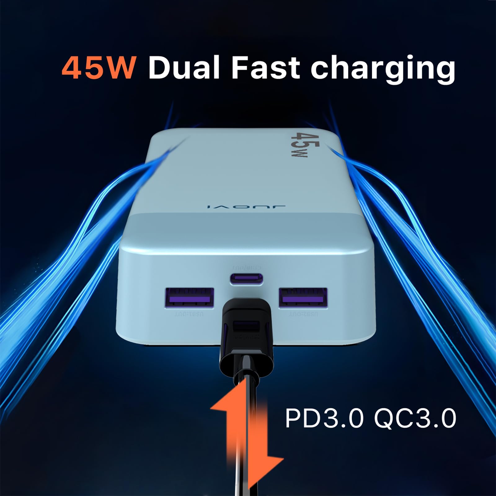 JUOVI Power Bank 20000mAh, 45W Caricatore Portatile Ricarica Rapida, PD QC 4.0 Batteria Esterna 4 Porte, con Display LED, caricabatterie portatile per MacBook, iPhone 15 14 13 Pro Samsung (Blu)