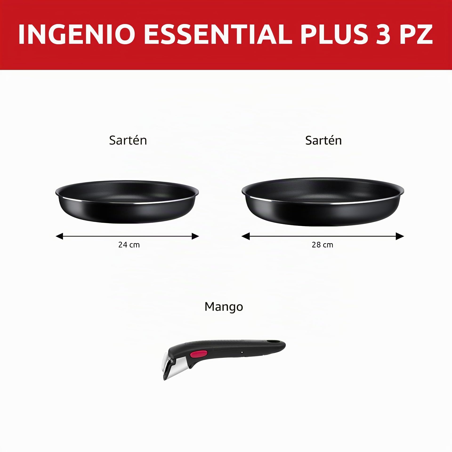 Lagostina Ingenio Essential Plus - Juego de ollas y sartenes antiadherentes de aluminio para gas y horno, 3 piezas, sartenes de 24 y 28 cm de diámetro y mango extraíble