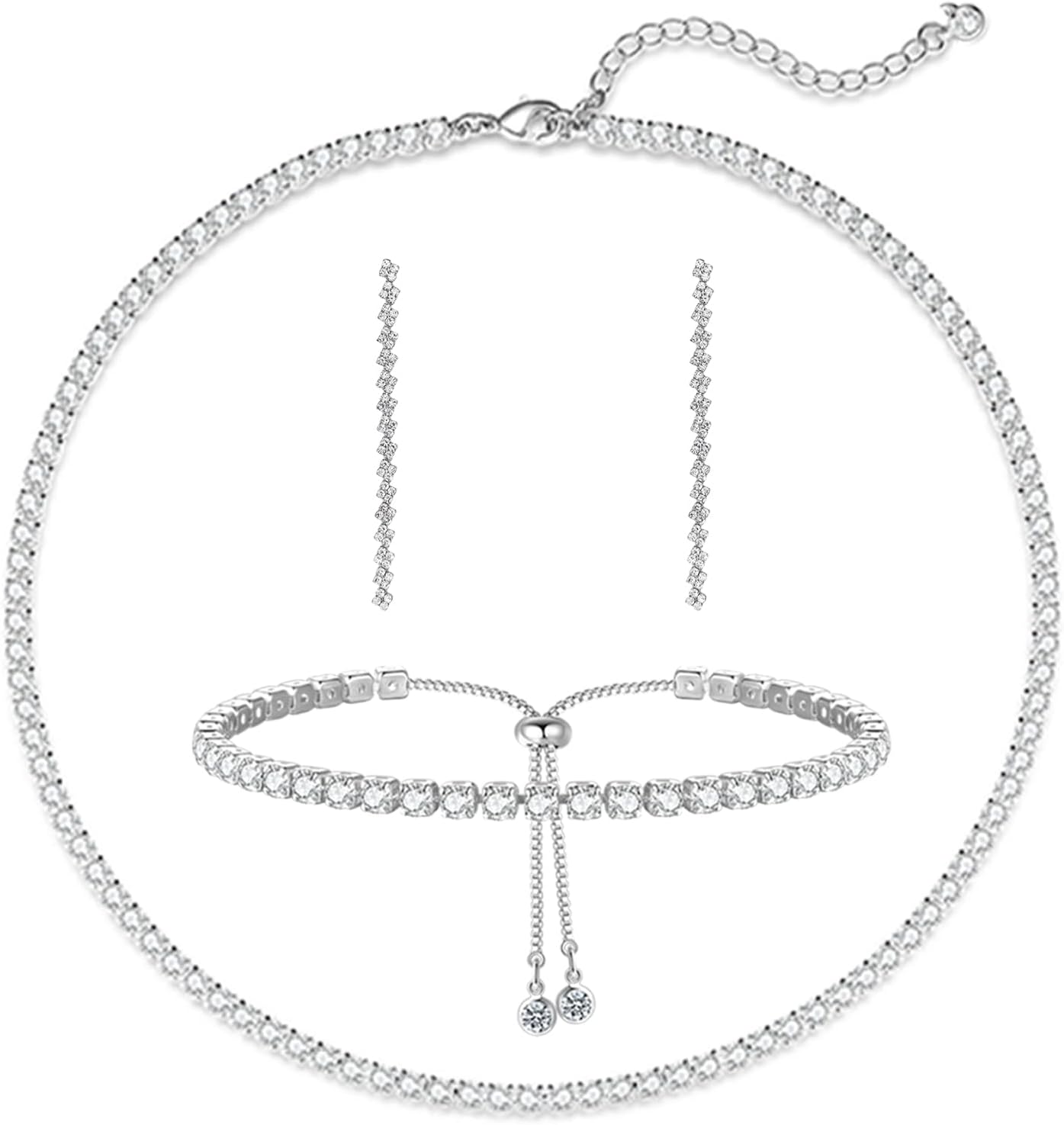 Tennis Necklace Bracelet for Women, Sterling Sliver Jewelry Set, Silver/Gold Chocker Necklace, Crystal Bracelet for Women, Wedding Jewelry for Bride, Sparkly Party Prom Hypoallergenic