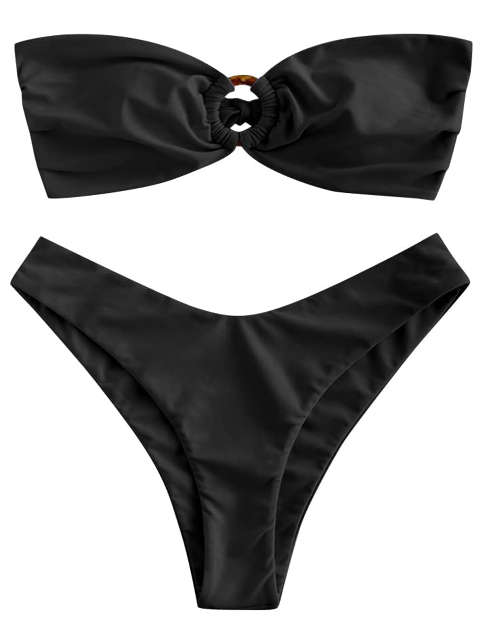 ZAFUL Women's Bandeau Bikini O Ring Strapless Tie Back High Cut Two Piece Swimsuit Bathing Suits