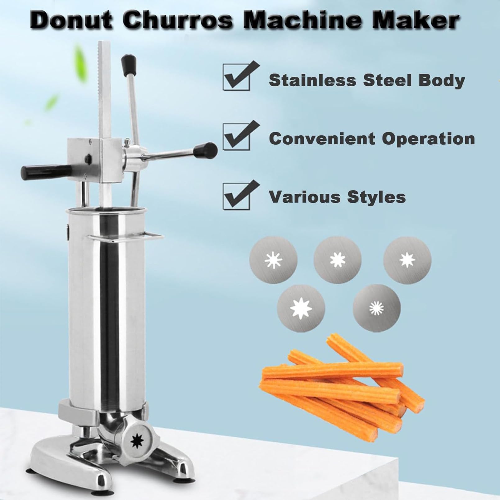 Churrera Comercial, máquina Manual para Hacer Churros Estilo español con 5 Moles, churrera Vertical de Acero Inoxidable, máquina para Rellenar Churros, Equipo para panaderías y repostería 3L