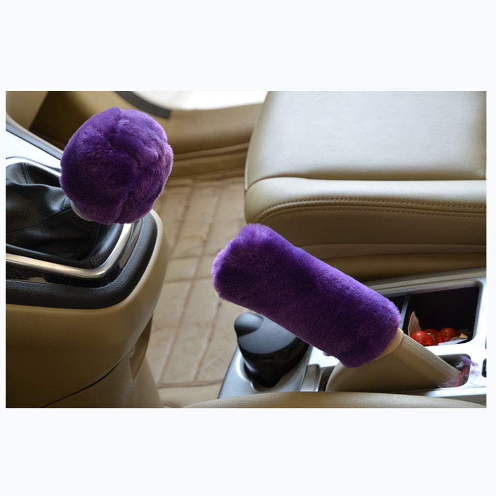 LuckySHD 2Pcs Set Soft Fluffy Auto Gear Shift Knob Cover Handbrake Grip Cover/Purple