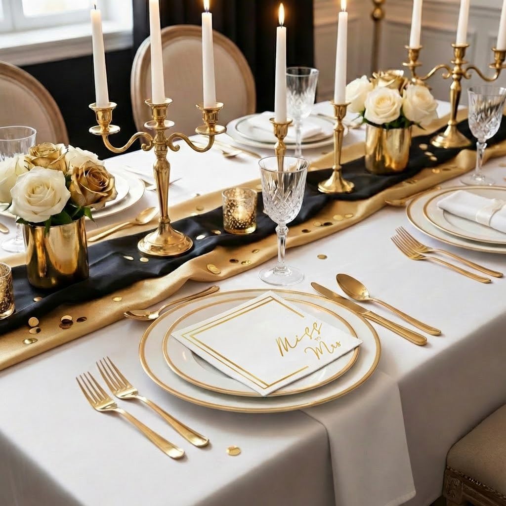 Bridal Shower - 50PCS White & Gold Foil Cocktail Napkins, 3-Ply Disposable Paper 5x5 Inches Miss to Mrs Napkins Decorations, Bridal Shower, Wedding, Anniversary, Party Men & Women